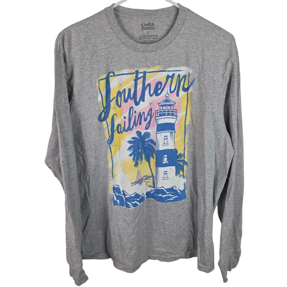 Croft & Barrow Graphic Tee Womens L Gray Good Southern Sailing Lighthouse Long